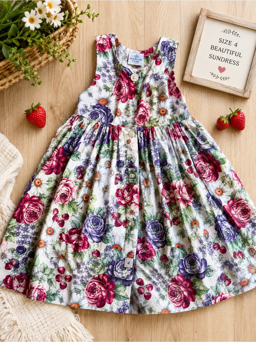 Floral Cotton Sundress for Girls in White with Pink & Purple Blooms